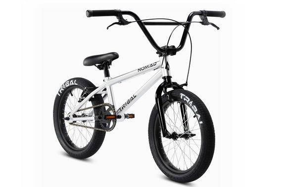 Tribal Nomad 18" BMX in silver, front view photographed on a white background