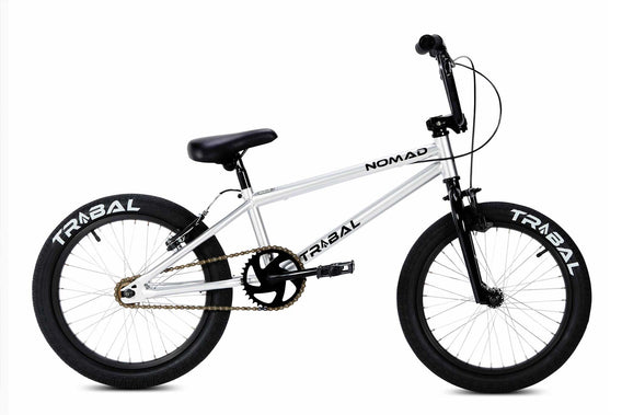 Tribal Nomad 18" BMX in silver, side view photographed on a white background