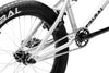 Tribal Spear Silver BMX, close up of rear wheel and rear triangle of frame on a white background