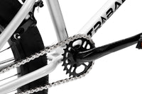 Tribal Spear Silver BMX, close up of rear sprocket and cranks on a white background