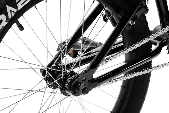 Tribal Spear black BMX, close up of rear hub and rear triangle of frame on a white background