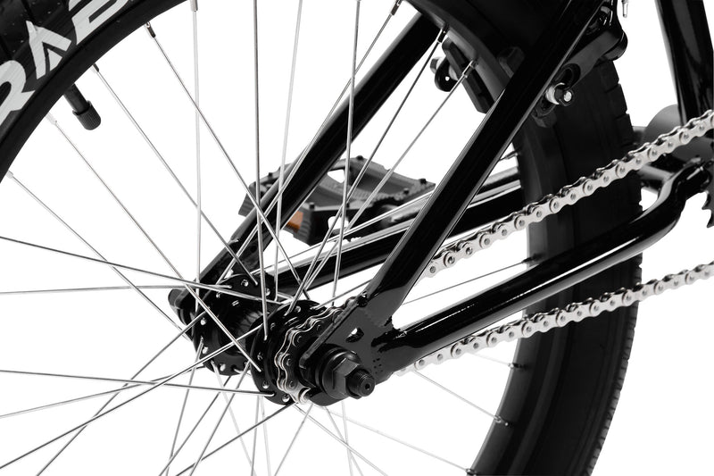 Tribal Spear black BMX, close up of rear hub and rear triangle of frame on a white background