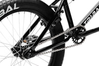 Tribal Spear V2 Black BMX, close up of rear wheel and rear triangle of frame on a white background