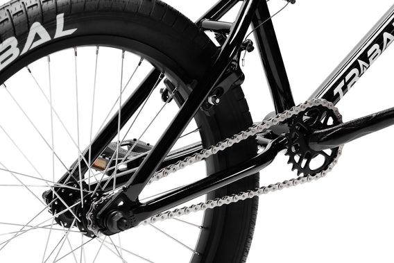 Tribal Spear V2 Black BMX, close up of rear wheel and rear triangle of frame on a white background