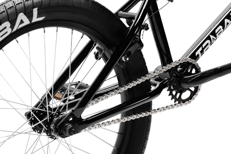 Tribal Spear V2 Black BMX, close up of rear wheel and rear triangle of frame on a white background