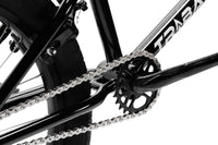 Tribal Spear Silver BMX, close up of rear sprocket and cranks on a white background