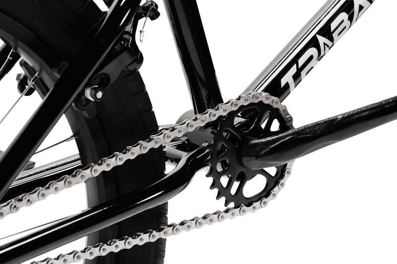 Tribal Spear Silver BMX, close up of rear sprocket and cranks on a white background