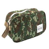 Camouflage-patterned toiletry bag with a visible brand label on a white background