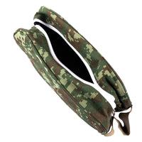 Camouflage-patterned sling bag on a white background