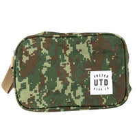 Camouflage pouch with a visible brand label on a white background