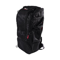 A black Shadow Session V2 Backpack with multiple compartments and padding, designed for biking and travel.