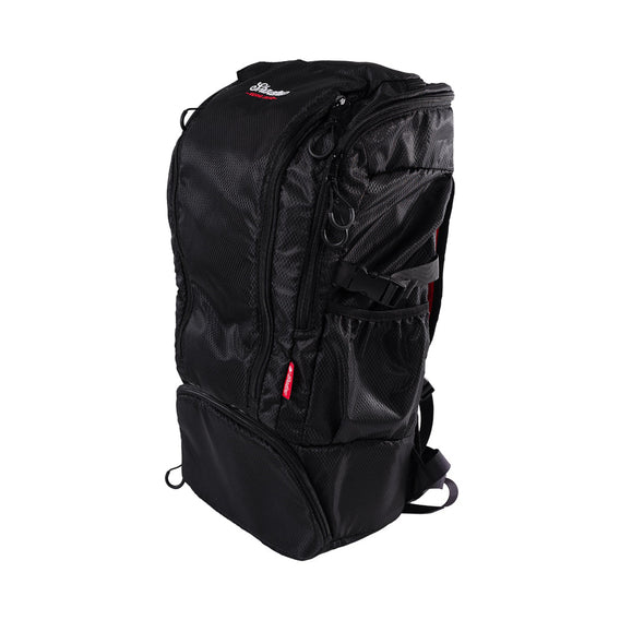 A black Shadow Session V2 Backpack with multiple compartments and padding, designed for biking and travel.