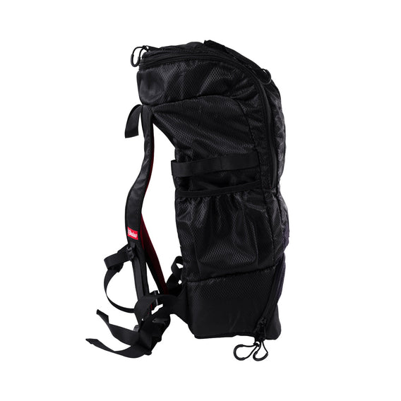 A black Shadow Session V2 Backpack with multiple compartments and padding, designed for biking and travel.