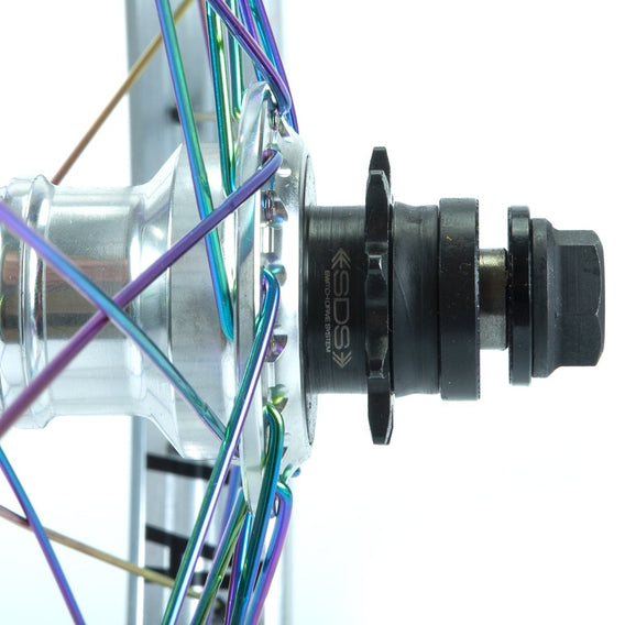 Total BMX Techfire Cassette Rear Wheel - Silver With Rainbow Spokes 9 Tooth