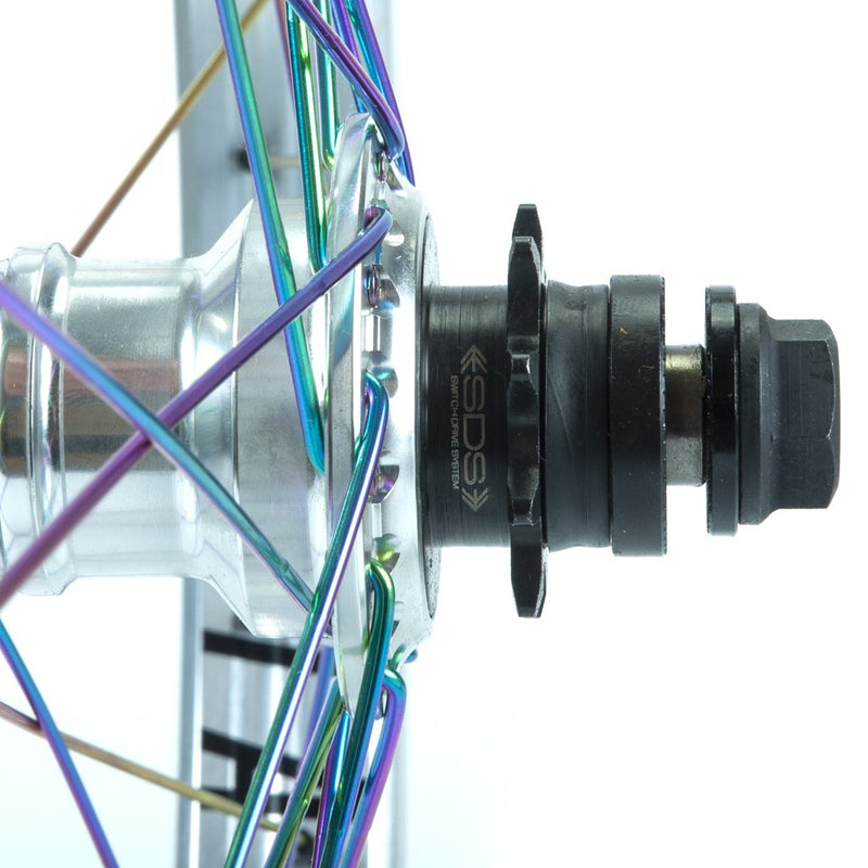 Total BMX Techfire Cassette Rear Wheel - Silver With Rainbow Spokes 9 Tooth